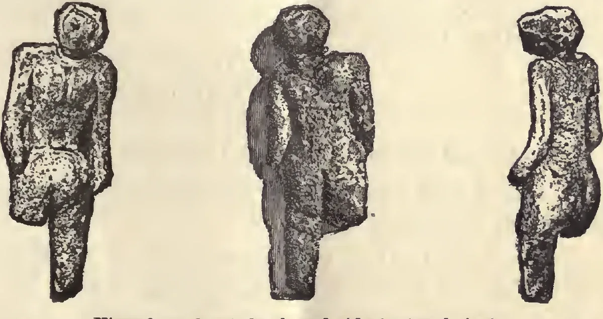 Three views of the Nampa clay figurine: front, back, and profile