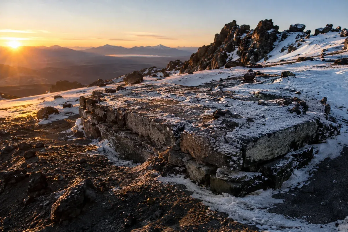 A stone platform half-buried in ash and snow near the volcano's summit, lit by warm morning light