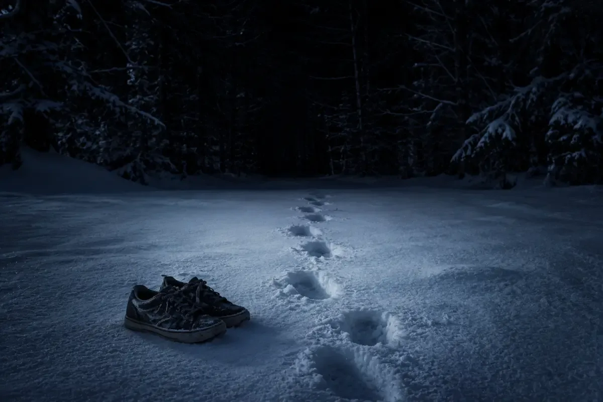 Deep footprints in fresh snow leading into a dark forest with a pair of discarded sneakers in the foreground, representing the disappearance of Gary Mathias in the Yuba County Five mystery.
