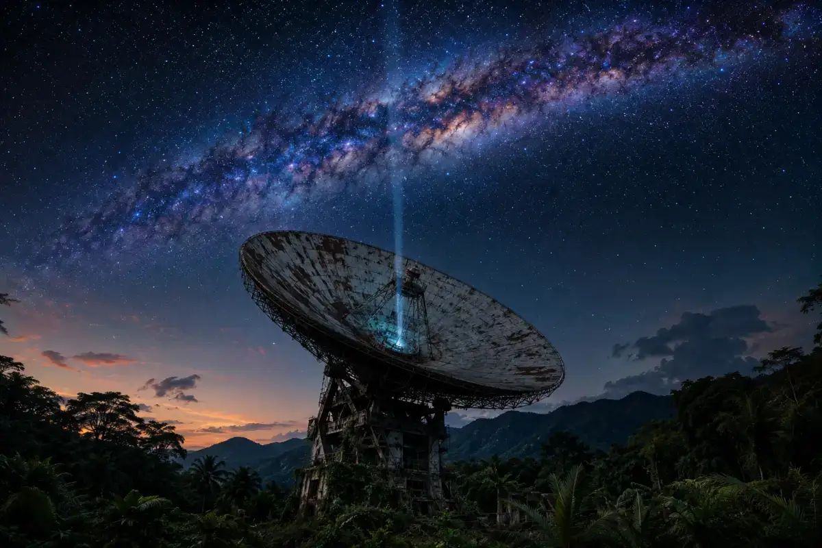 An abandoned rust-covered radio telescope overgrown by tropical jungle vegetation sends a faint beam of radio energy into the Milky Way, illustrating the mystery of the Fermi Paradox beneath a star-filled night sky.