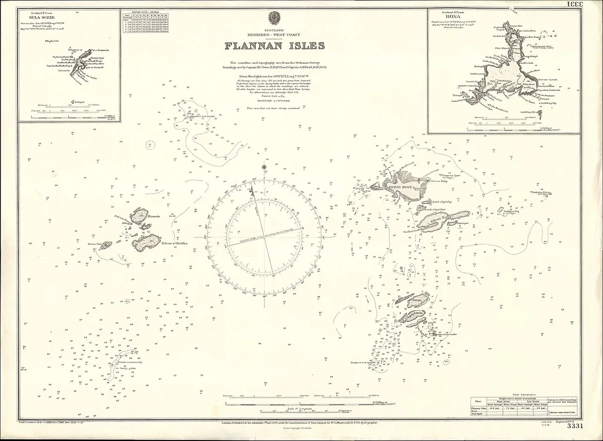 A 1903 Admiralty chart of the Flannan Isles archipelago, with Eilean Mòr and sea depths marked.