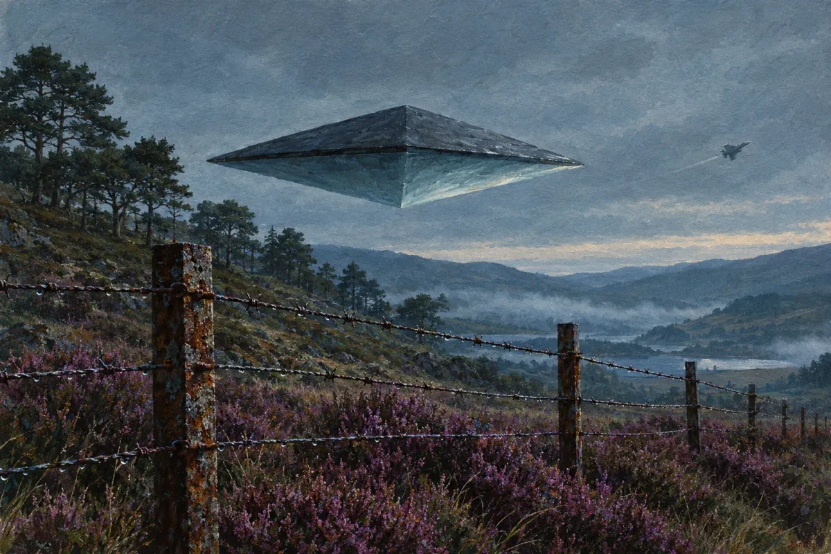 Illustration of a diamond-shaped object hovering over a barbed-wire fence on a Scottish moor, with a small jet in the distance