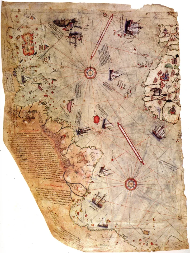 The surviving fragment of the 1513 Piri Reis world map, a hand-painted Ottoman portolan chart on gazelle skin showing the western coasts of Europe and Africa and the eastern coast of South America
