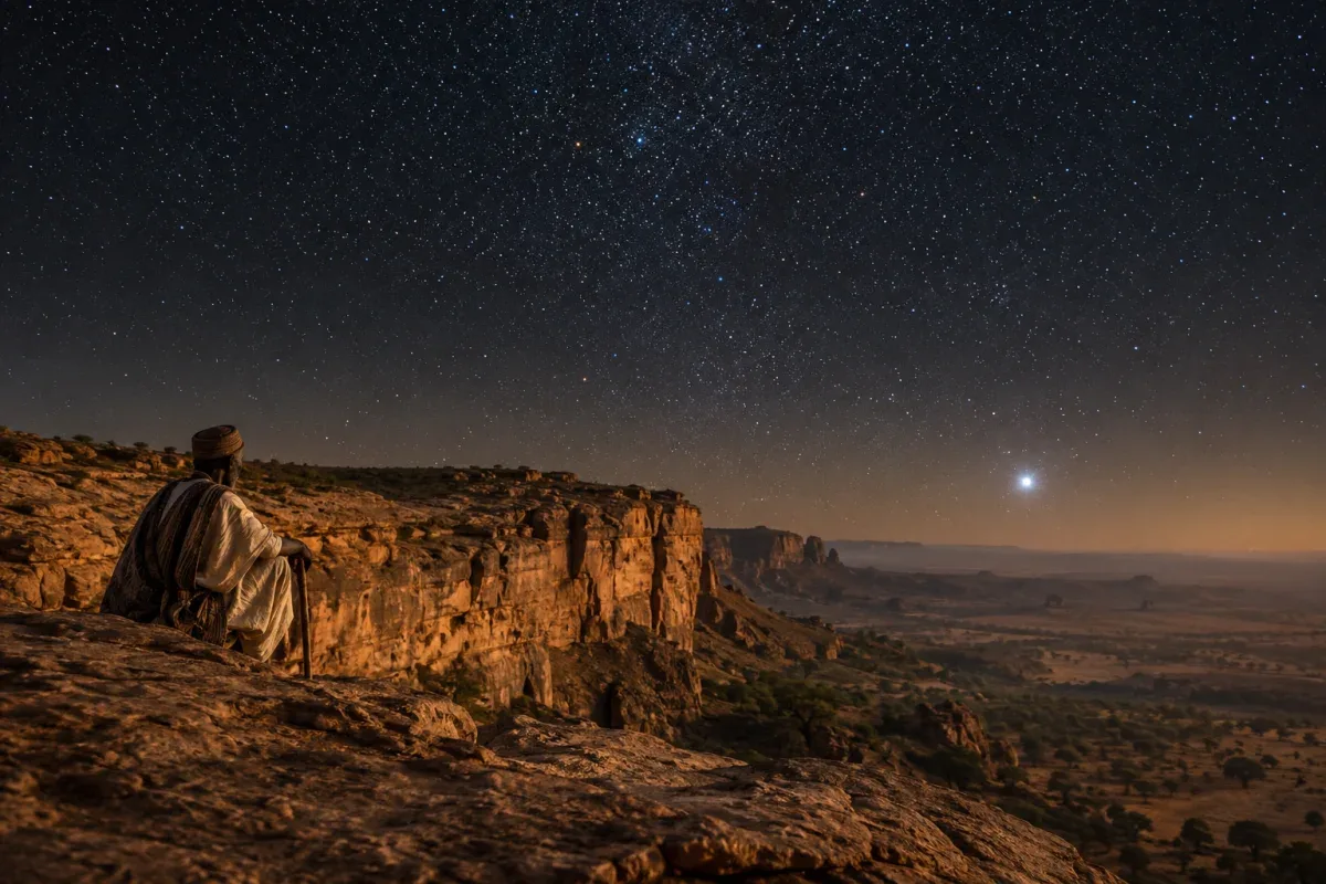 A Dogon elder stands at the edge of the Bandiagara Escarpment at night, gazing up at a star-filled sky