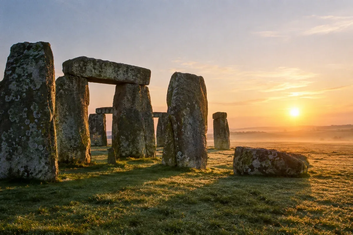 Stonehenge's sarsen stones in the first light of morning, with Salisbury Plain stretching out behind them