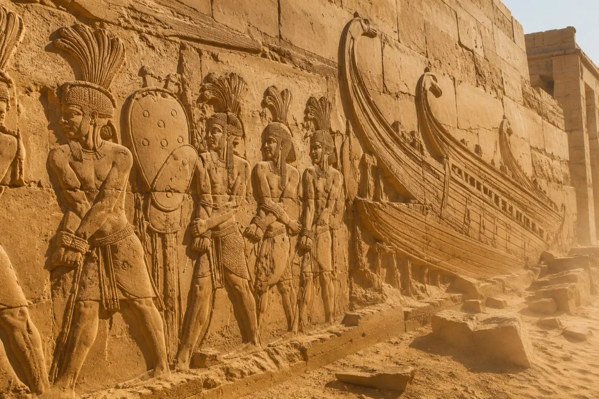 Weathered sandstone relief at Medinet Habu depicting bound Sea Peoples prisoners and overturned war ships