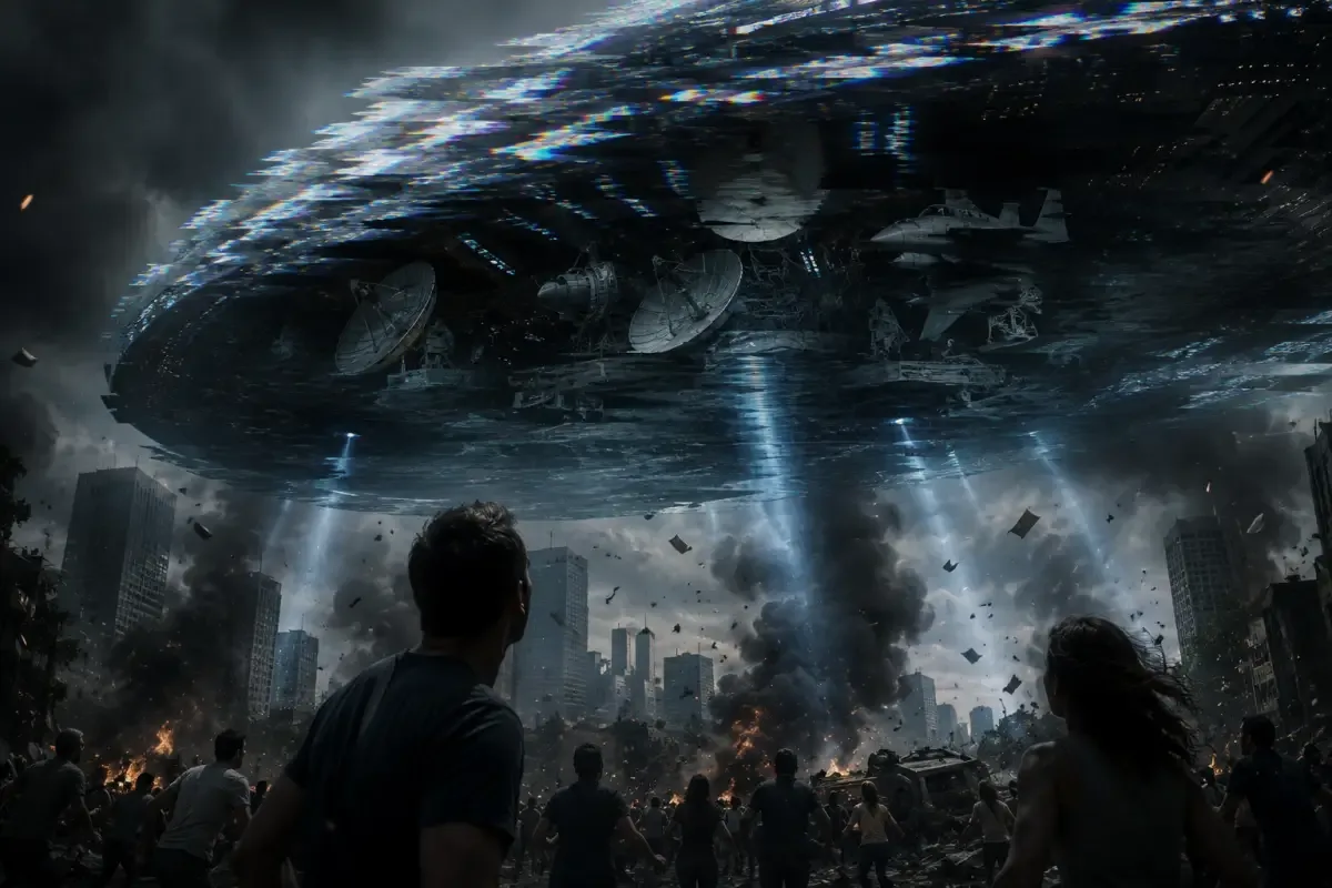 An alien ship over a city revealing its holographic nature and military hardware hidden beneath the projection