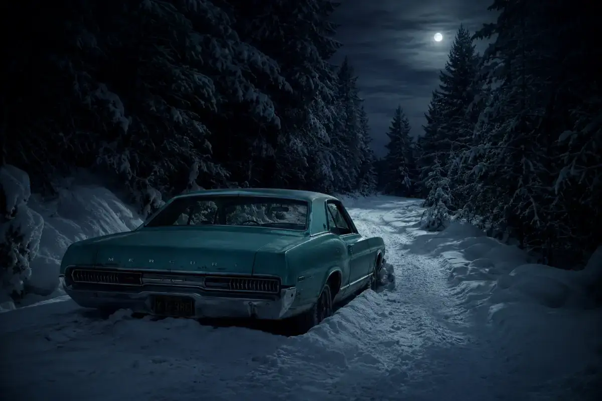 Abandoned 1969 turquoise Mercury Montego on a snow-covered mountain road at night, surrounded by dense pine forest under pale moonlight.