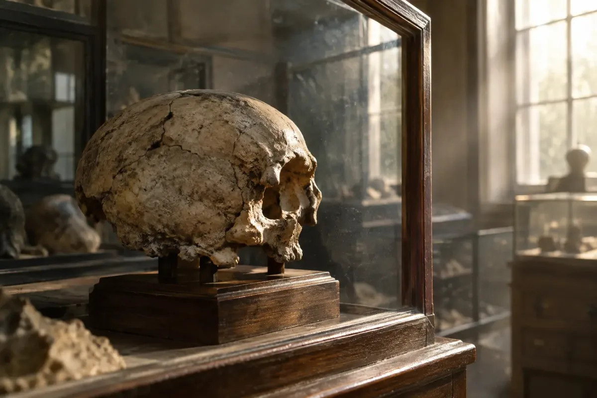 A fossilized 1913 skull cap displayed on a wooden stand in the dim light of a natural history museum
