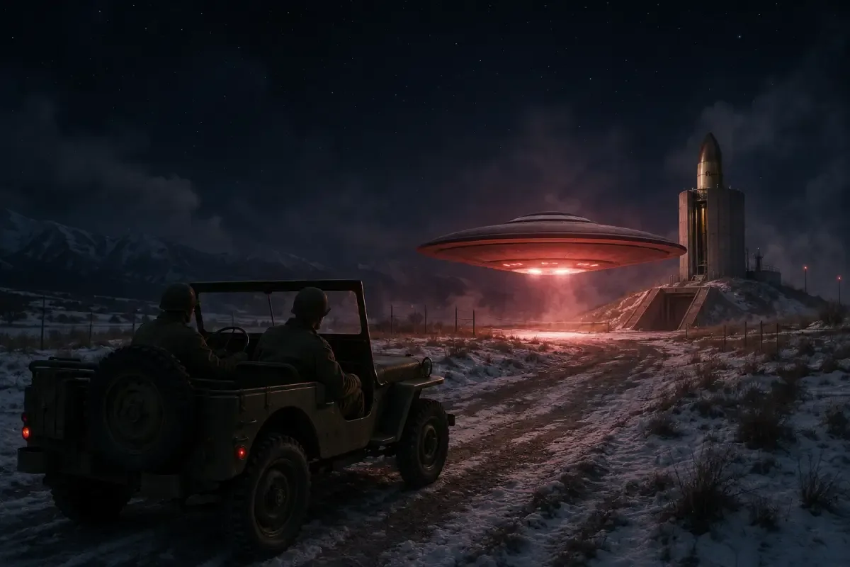 Military jeep stopped on a snow-covered road in Montana at night, two soldiers watching a glowing saucer-shaped object hovering above a nuclear silo through the windshield.