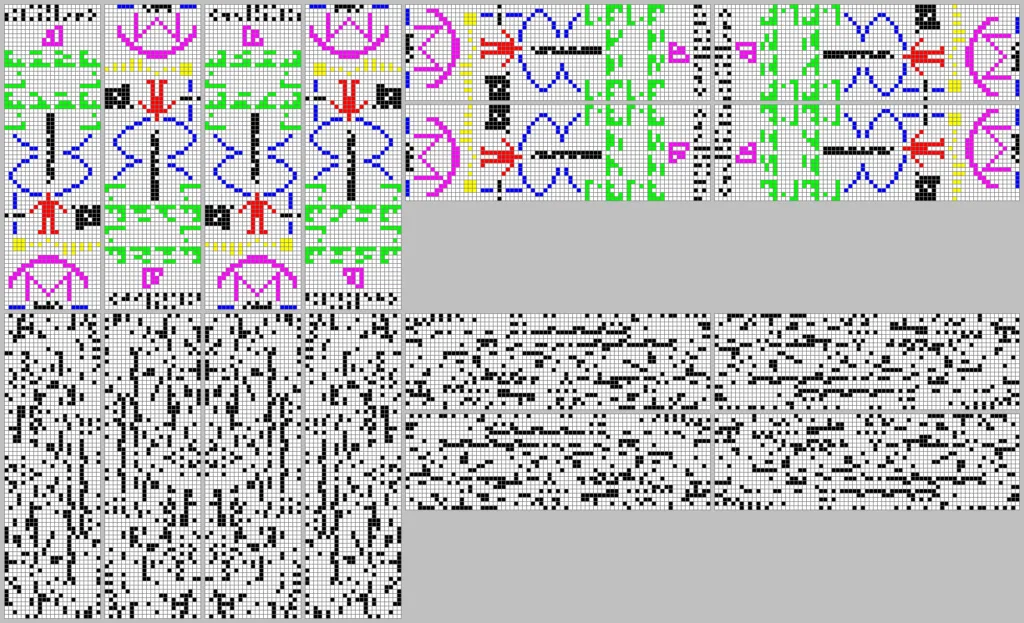 The Arecibo message — a binary-encoded interstellar radio message containing 73 rows of 23 columns, depicting atomic numbers, DNA structure, a human figure, and solar system information
