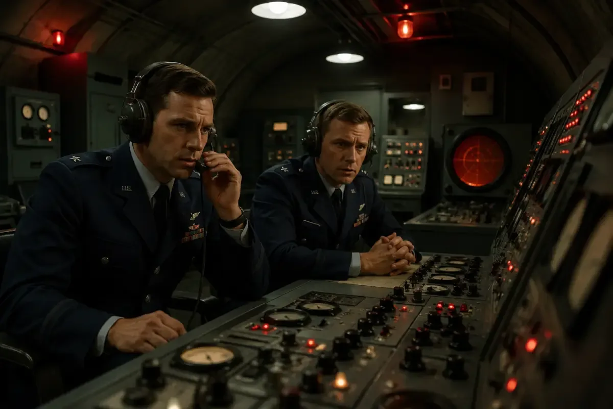 Interior of the Echo Flight underground command center from 1967, two Air Force officers at the control panel with red warning lights illuminated.