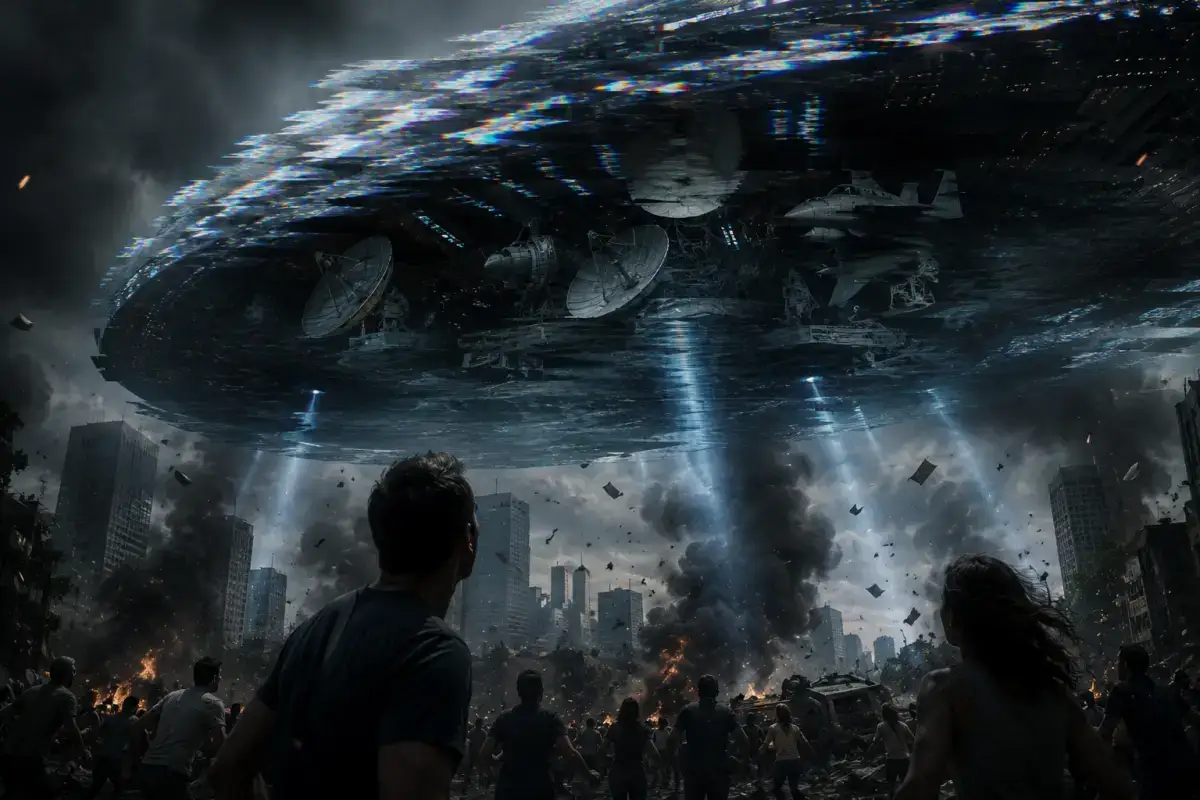 An alien ship over a city revealing its holographic nature and military hardware hidden beneath the projection
