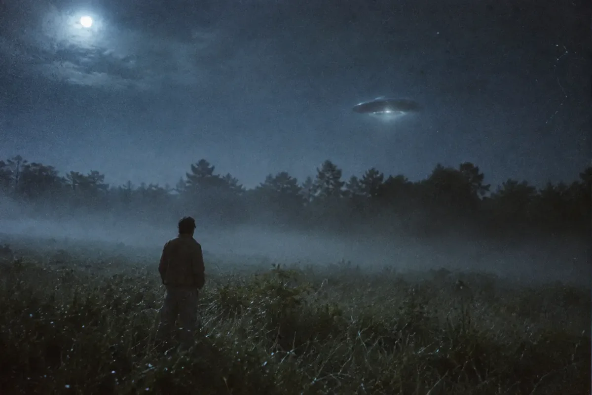 A lone figure stands in a foggy field at night, surrounded by tall grass with trees in the background. Above the treetops, a faintly glowing metal disk hovers in silence, lit by dim light. The scene evokes the late 1970s, blending warm and cool tones with a grainy, documentary-style film look and no text or lettering.