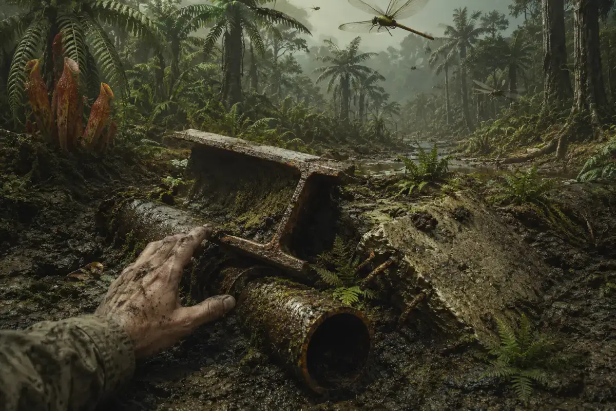 Fossilized remains of a corroded metal structure half-buried in primordial Eocene forest, illustrating the Silurian hypothesis of a forgotten ancient civilization.
