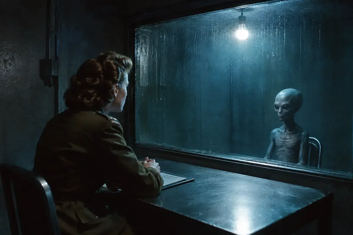 A woman in a 1940s U.S. Army Air Forces uniform sits across from a small gray alien in a secret room at the Roswell base in 1947, while military officers watch the encounter through a glass partition.