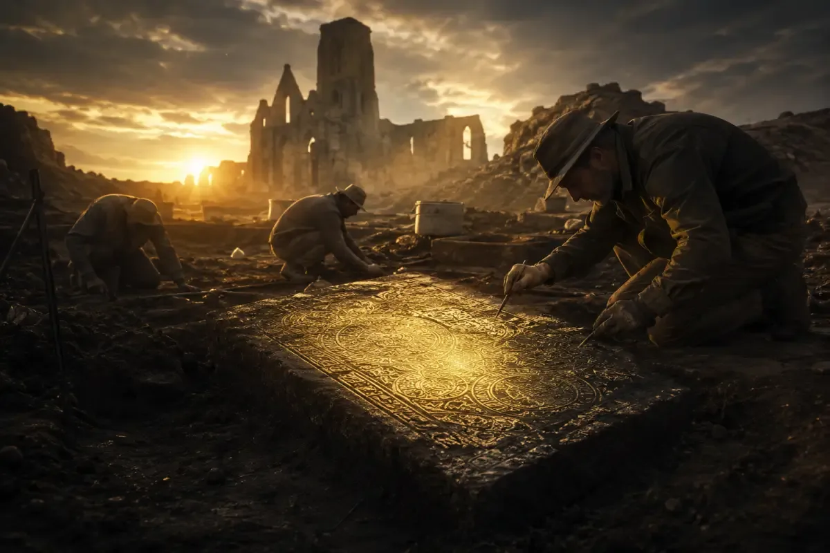 Ancient stone slabs glowing with an unnatural light while a ruined cathedral looms in the background