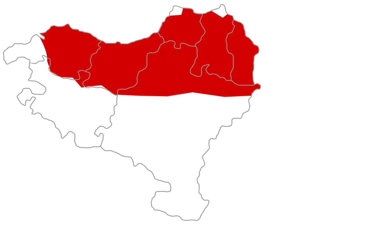 Map of the Basque Country showing the documented dialect areas of the Basque language (Euskara)