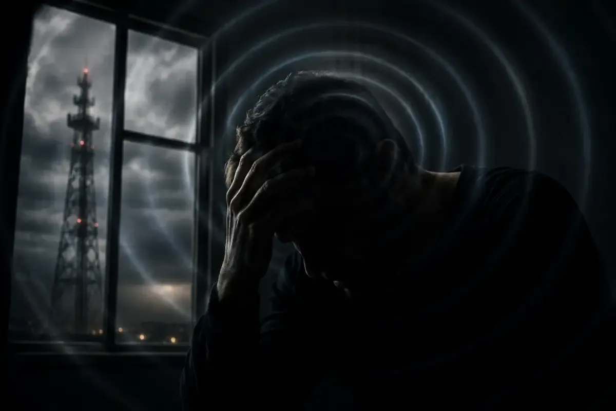Concentric rings of energy surrounding a human head in a dark room