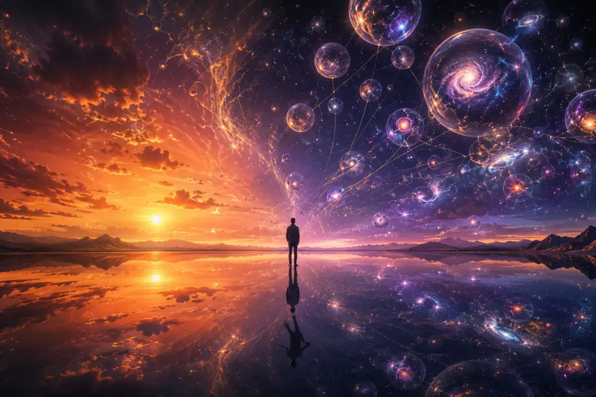 A lone figure stands at the edge of a mirror-like water surface under a split cosmic sky — warm golden-orange nebular light on one side, deep violet with floating bubble universes on the other. Quantum threads connect the figure to the celestial bubbles, suggesting parallel realities and alternate selves.
