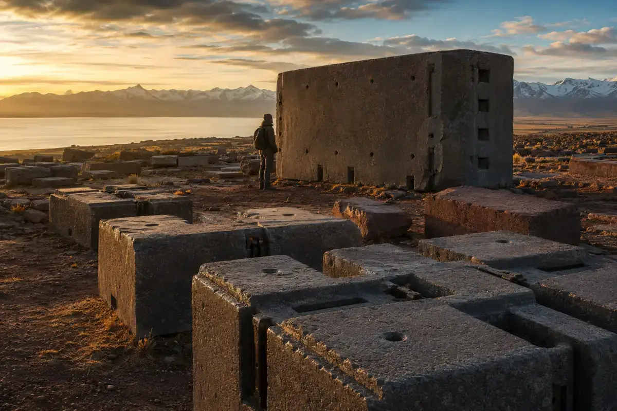 The ruins of Puma Punku in Bolivia at sunrise, where massive, precision-carved H-shaped stone blocks lie scattered across the high-altitude plateau. Ancient bronze I-clamps still visible between the stones. In the distance, Lake Titicaca stretches toward the snow-capped peaks of the Andes under a dramatic golden sky.