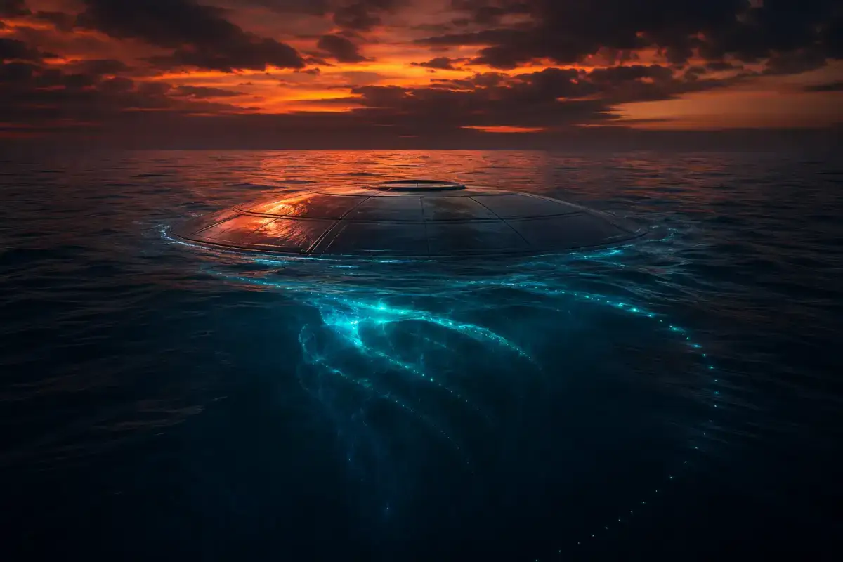 A disc-shaped craft descending into the ocean at dusk, half-submerged in dark water with bioluminescent trails swirling around it.