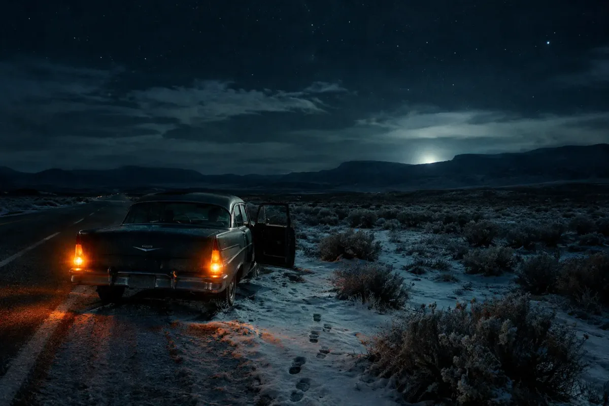 An abandoned car on a desert road in Utah at night, its turn signals flashing, with a strange light on the horizon