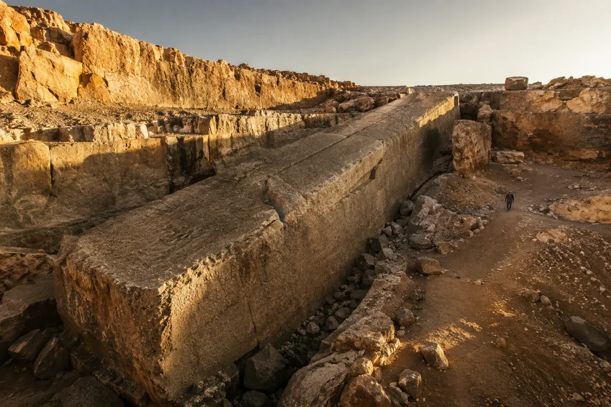 Cinematic documentary photo of the massive stone Trilithon blocks at the Baalbek Roman temple ruins in Lebanon