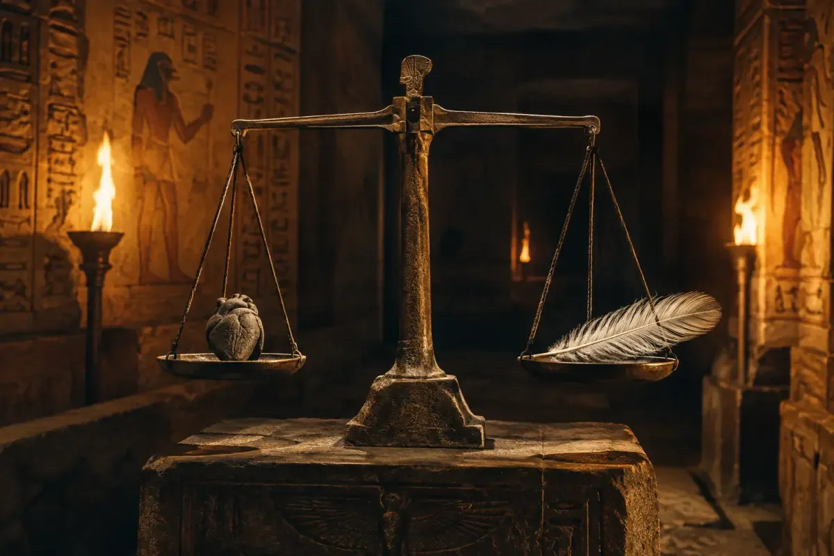 An ancient bronze scale balancing a feather against a carved stone heart amulet, symbolizing the weighing of the heart from the Egyptian Book of the Dead