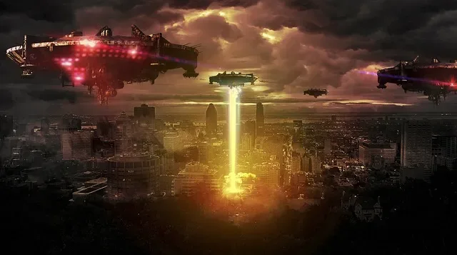 Massive self-replicating Berserker probe firing a beam of light over a city skyline, illustrating the hypothesis of autonomous machines hunting through the cosmos
