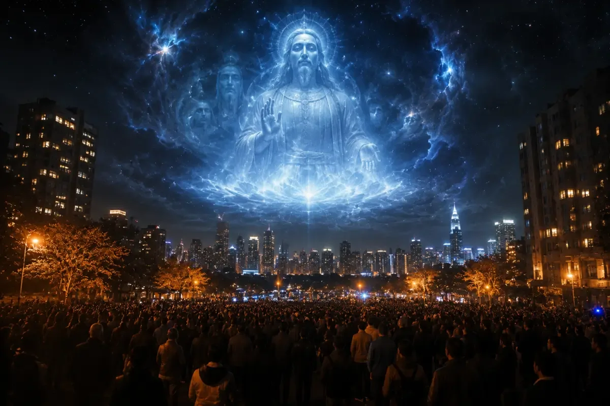 A gigantic holographic figure in the night sky above a city surrounded by clouds