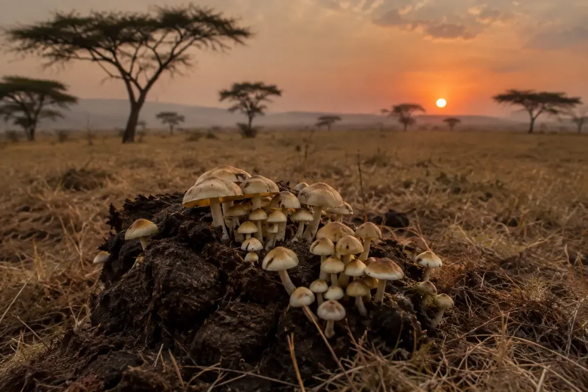 Mushrooms growing from dung on the African savanna at dusk