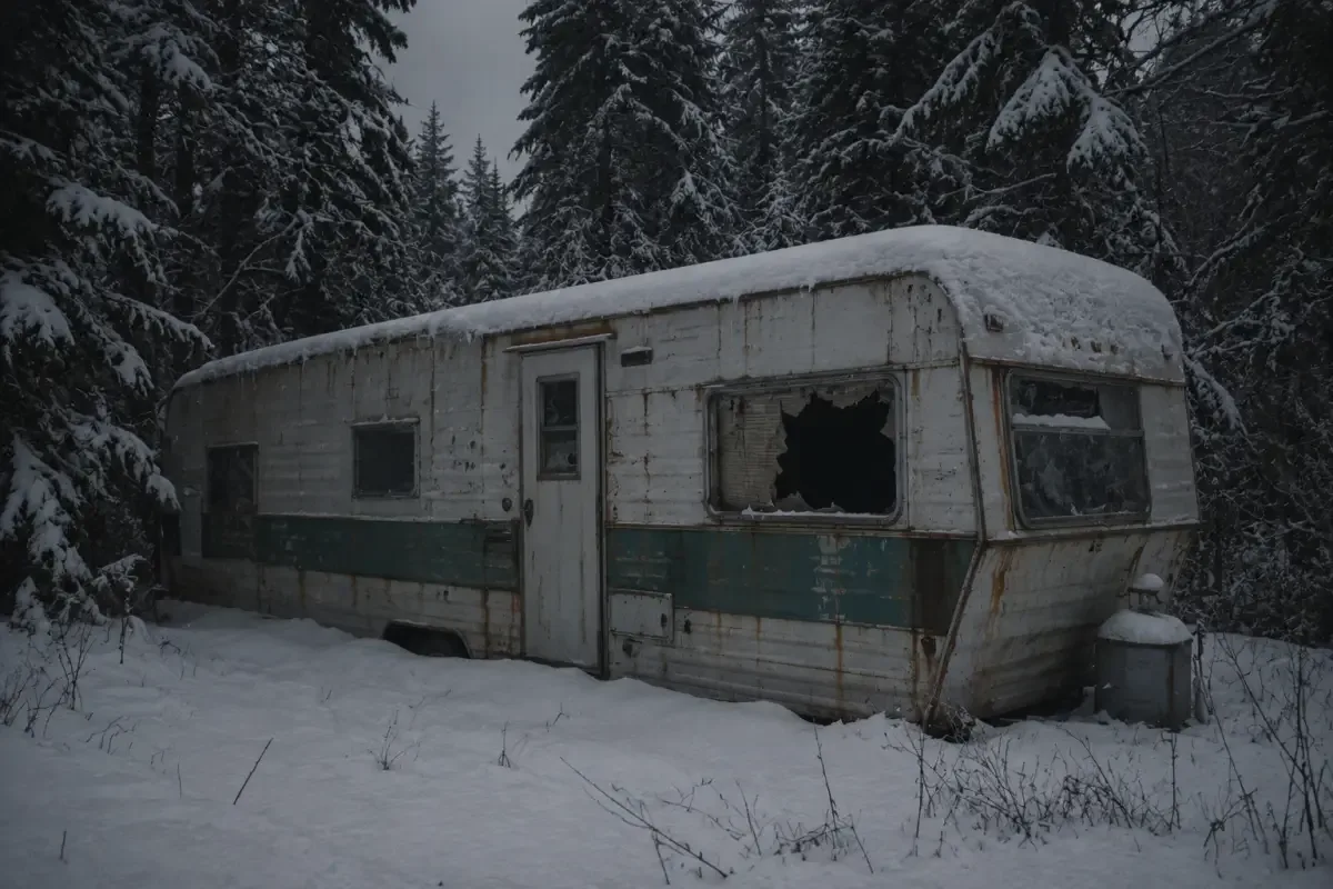 Abandoned vintage camper trailer with a broken window, half-buried in deep snow inside a dark pine forest under an overcast winter sky.