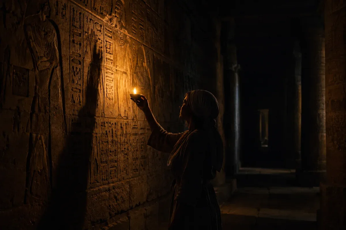 Omm Sety tracing wall carvings by lantern light inside the Temple of Seti I at Abydos