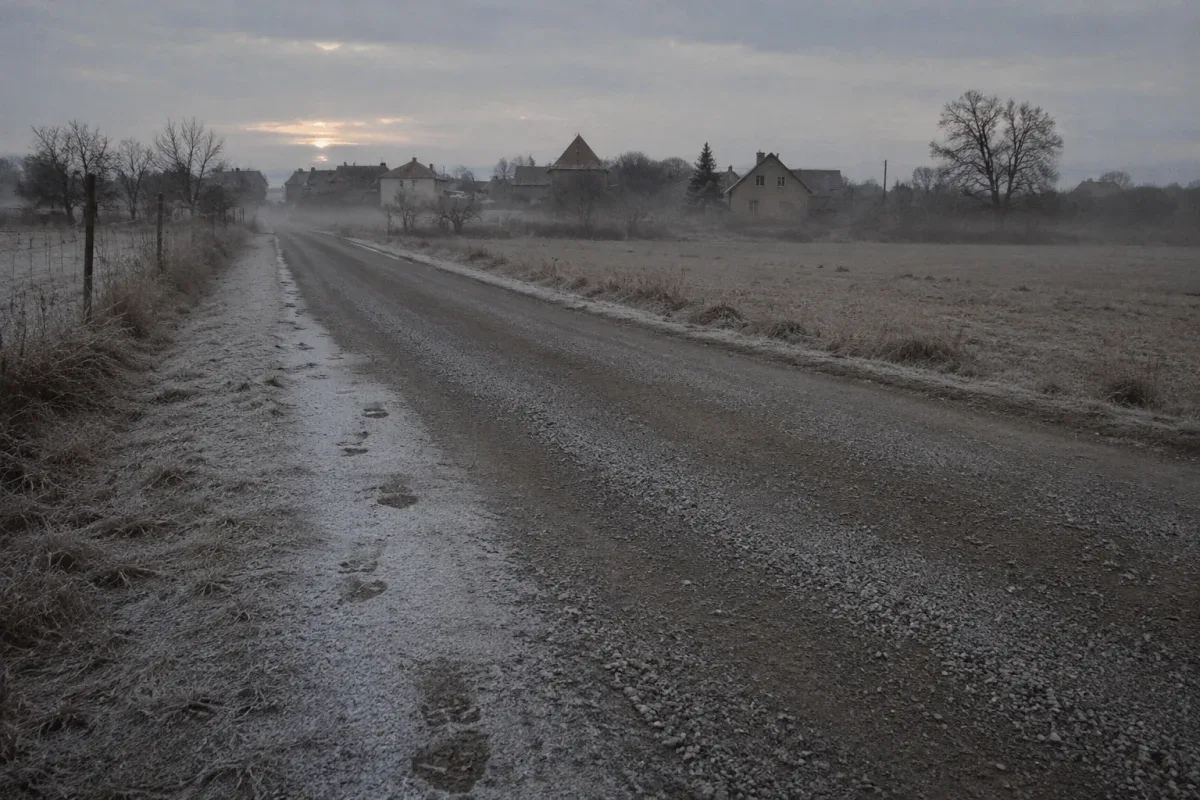 Empty gravel road at dawn near a small Czech village, symbolizing the unexplained disappearance of Vladimir Bastl
