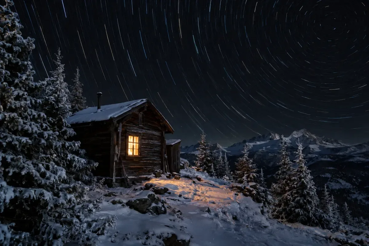 A weathered timber research hut on a snowy ridge in the Colorado Rockies, glowing warmly beneath a star-filled night sky.