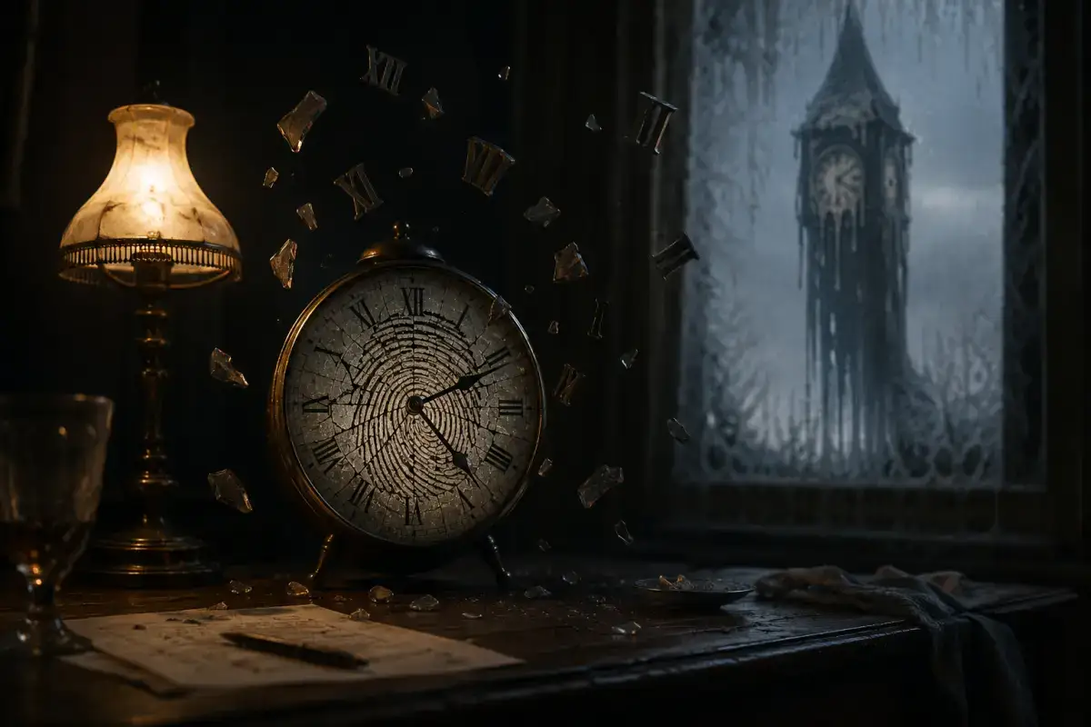 An antique wooden desk lit by a single warm lamp in a dark room, with a cracked mechanical clock whose shattered face forms a fingerprint. Floating Roman numerals hover weightless around it, and a melting clock tower is visible through a frost-covered window.