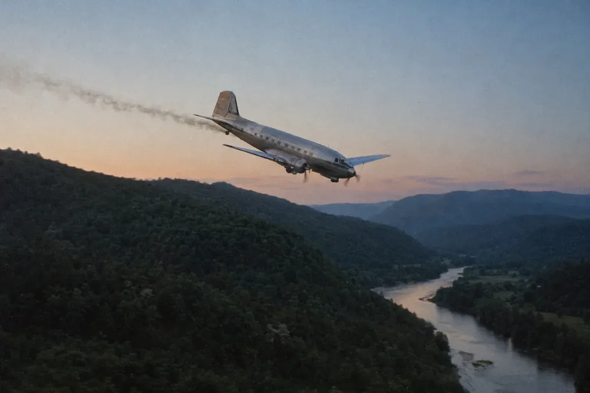A turboprop airliner flies low over forested hills at dusk, trailing a thin line of smoke.