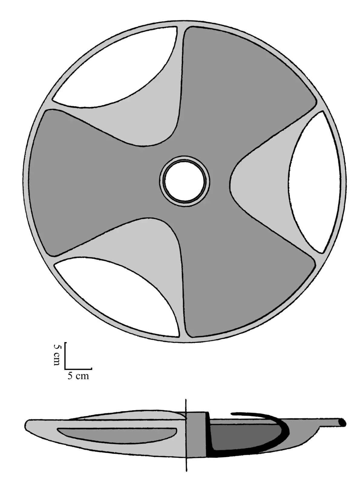 Technical drawing of the Sabu disk showing top and side views, with its three curved blades and central opening, after Emery 1949