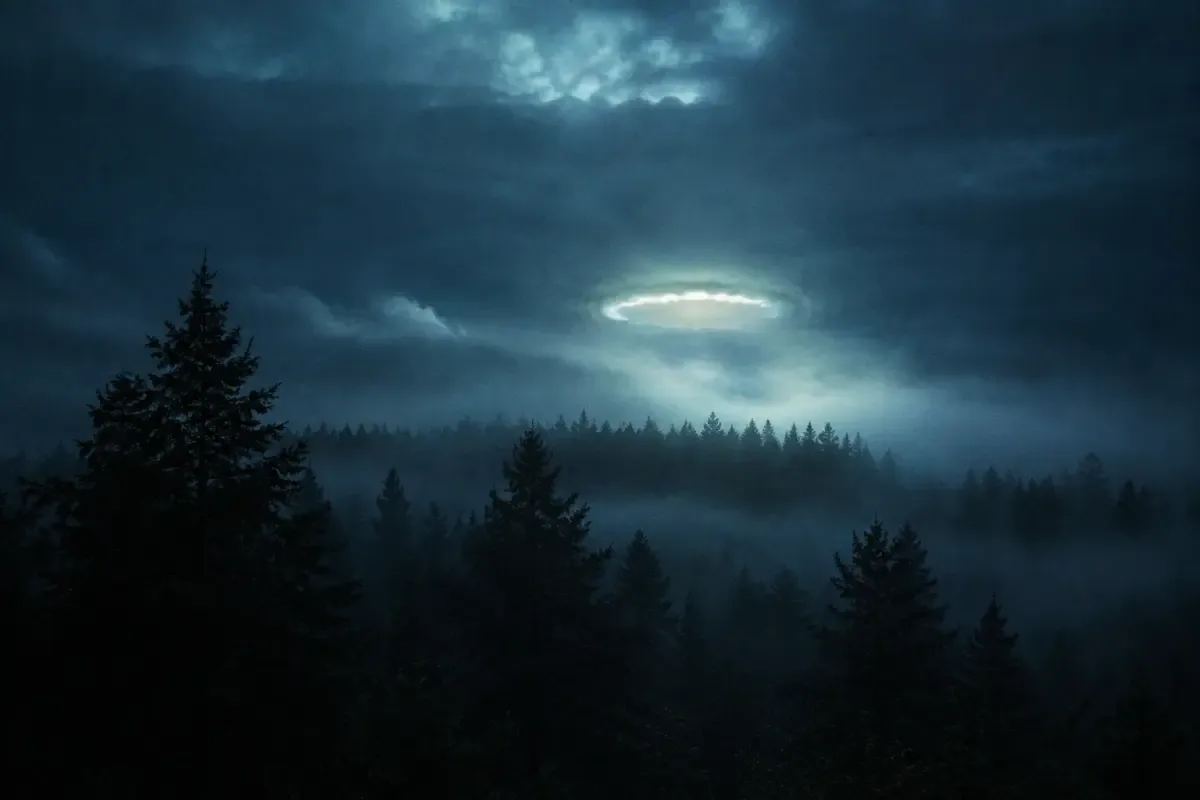 Stylized illustration of translucent reality layers stacked above a nighttime landscape
