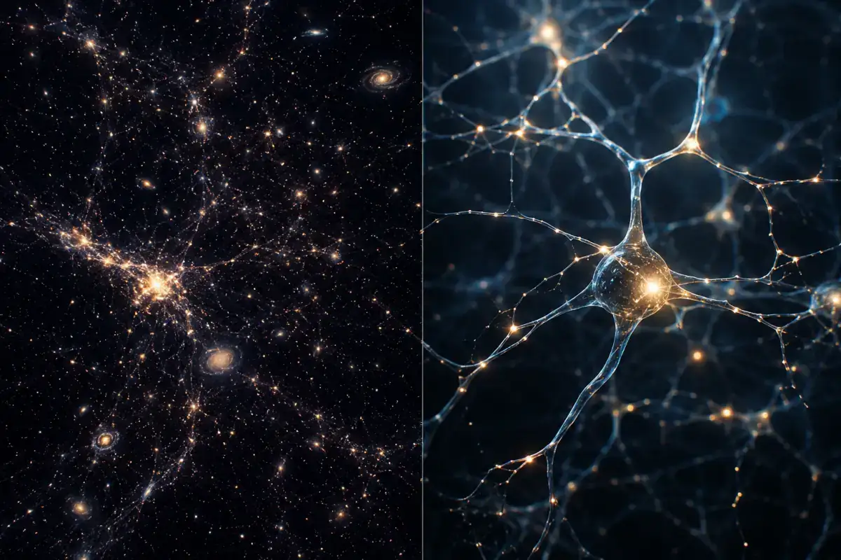 Split-screen artistic comparison of a glowing web of galaxies and a network of brain neurons