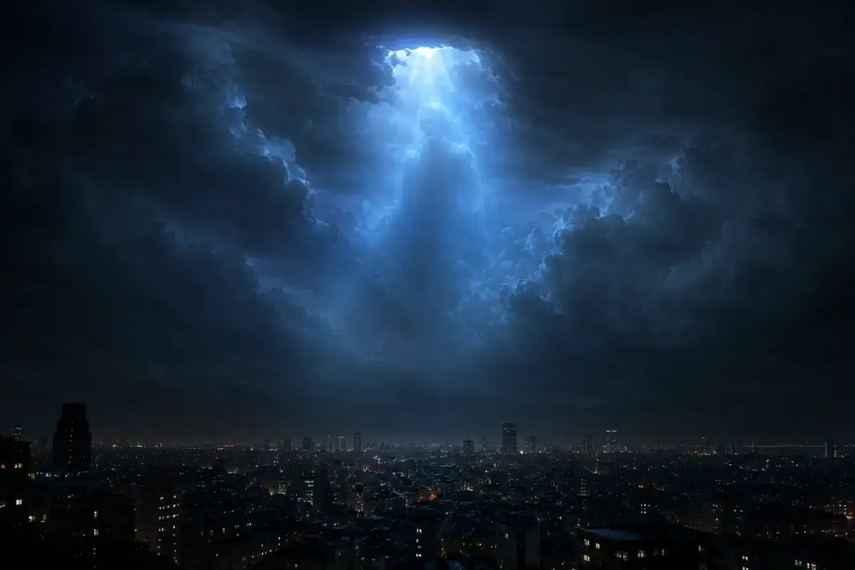 A blue beam of light piercing through the night sky over a city