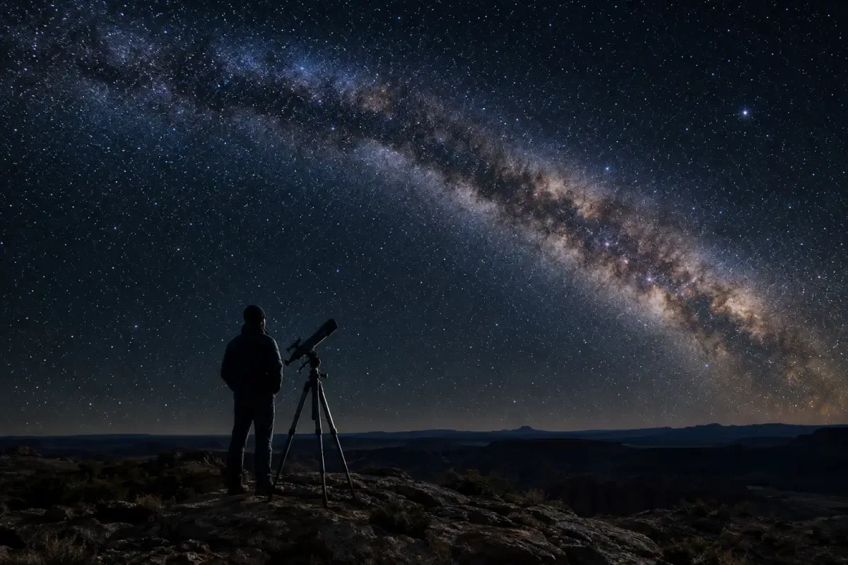 A lone figure with a telescope gazes up at an endless, star-filled sky