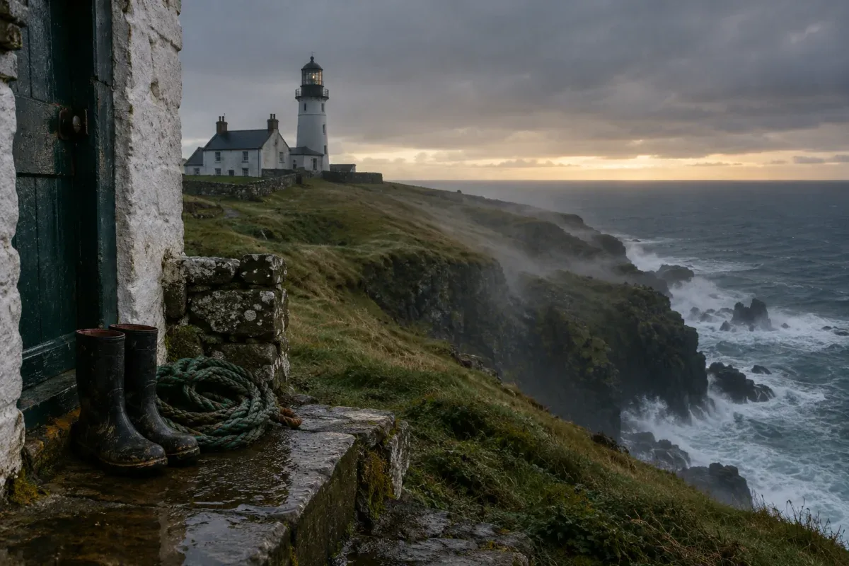 A whitewashed lighthouse and keeper’s cottage overlooking the rugged Scottish coastline at dusk, with worn sea boots and a coil of rope on a wet stone doorstep as waves crash against the cliffs below.