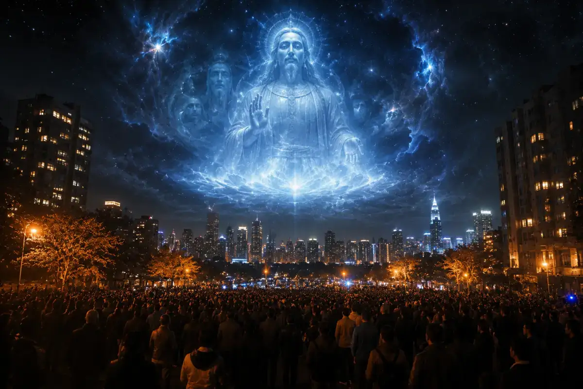 A gigantic holographic figure in the night sky above a city surrounded by clouds