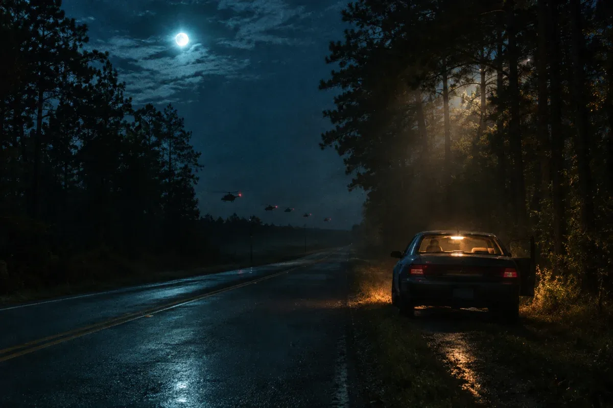 Illustration of a diamond-shaped object hovering over a dark forest road as a line of military helicopters closes in from the distance.
